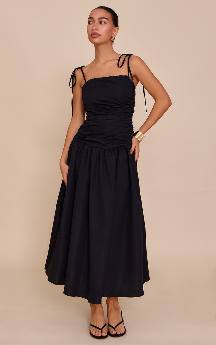 Black Ruched Detail Strappy Maxi Dress image 1