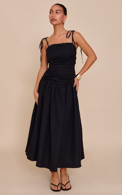 Black Ruched Detail Strappy Maxi Dress