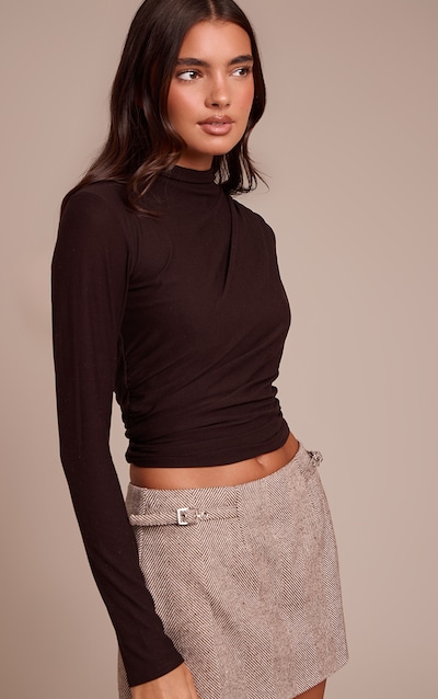 Dark Chocolate Soft Touch High Neck Ruched Detail Long Sleeve Top