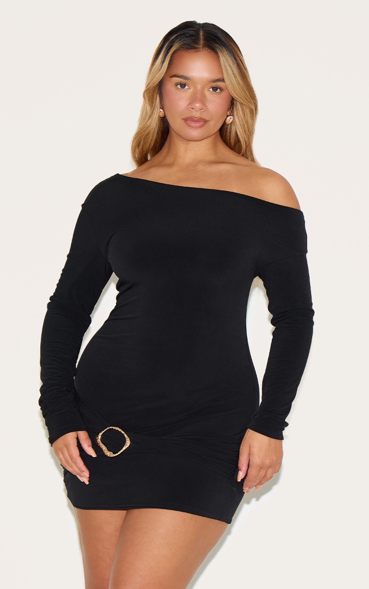 Shape Black Off Shoulder Long Sleeve Gold Trim Mini Dress image 1