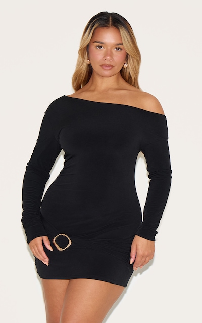 Shape Black Off Shoulder Long Sleeve Gold Trim Mini Dress