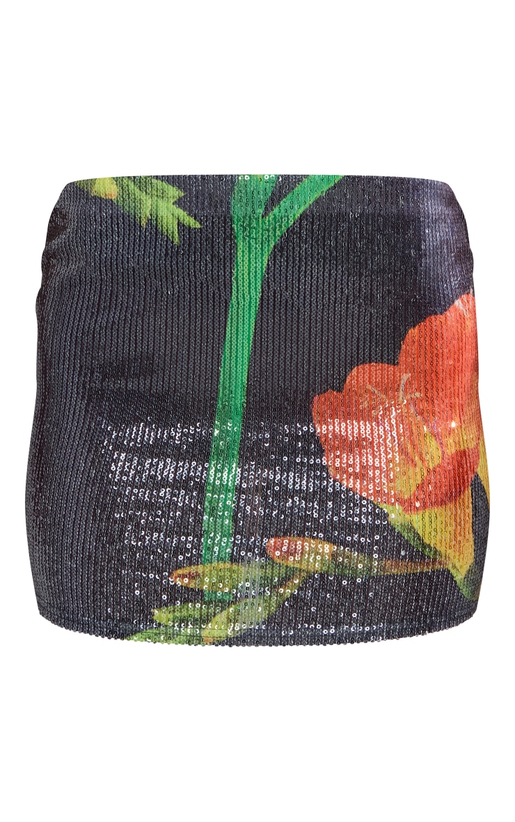 Orange Floral Print Sequin Micro Mini Skirt image 6