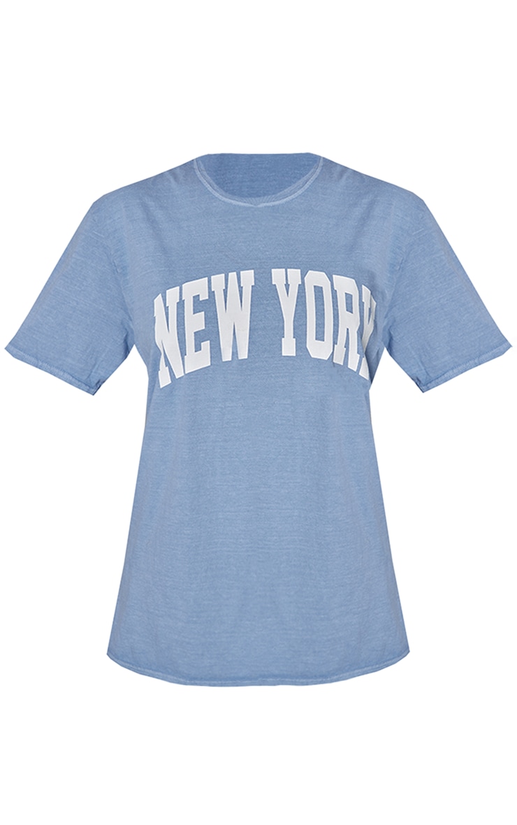 Washed Blue New York Print T Shirt | Tops | PrettyLittleThing QA