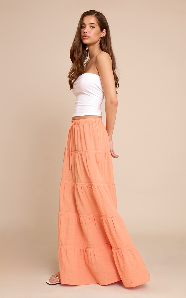 Peach Cotton Tiered Drawstring Waist Maxi Skirt image 1