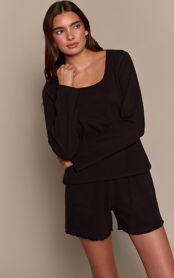 Black Ribbed Slouchy Long Sleeve Top