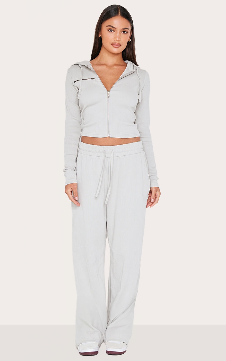 Light Grey Ribbed Low Rise Wide Leg Pants image 1