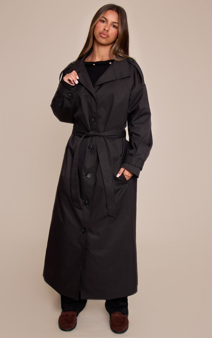 Petite Black Funnel Neck Trench Coat  image 1