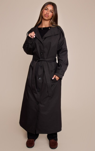 Petite Black Funnel Neck Trench Coat