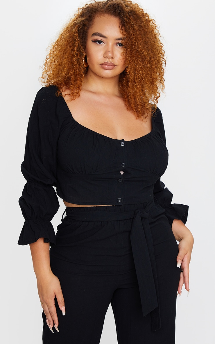 Plus Black Woven Button Front Crop Top