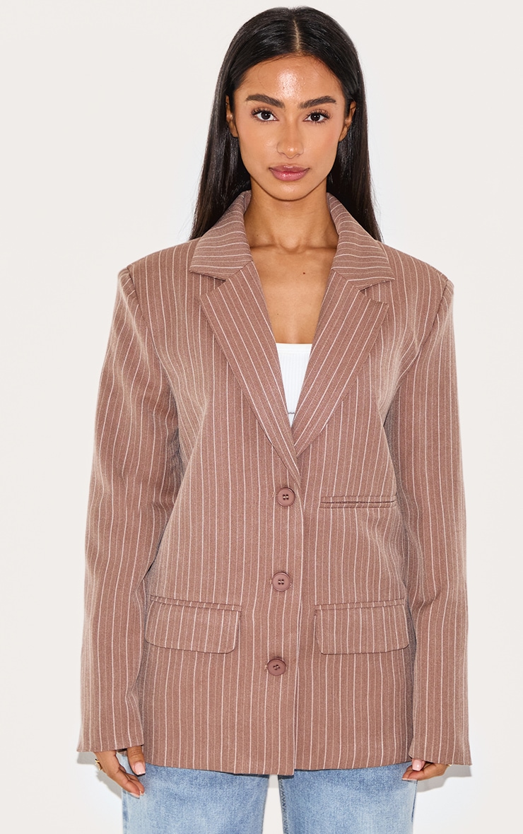 Petite Taupe Woven Pinstripe Oversized Blazer image 3