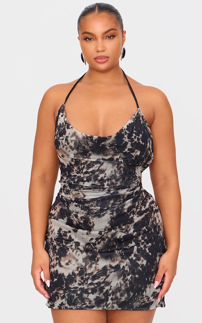 Plus Grey Printed Slinky Cowl Neck Mini Dress