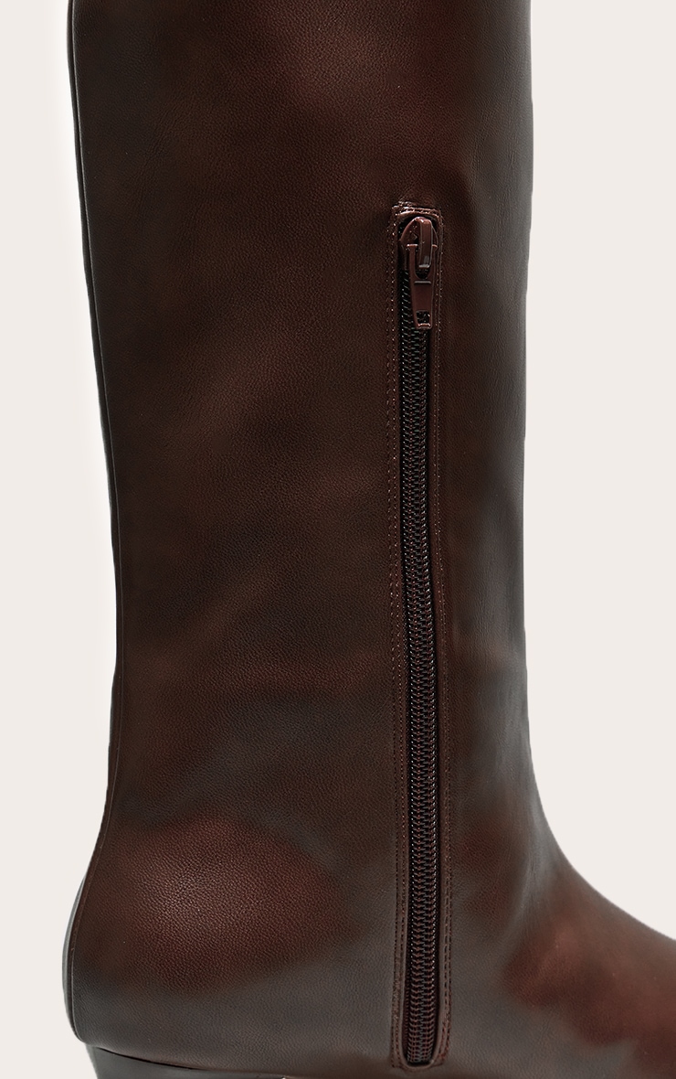 Chocolate Pu Point Toe Low Stiletto Knee High Heeled Boots image 4