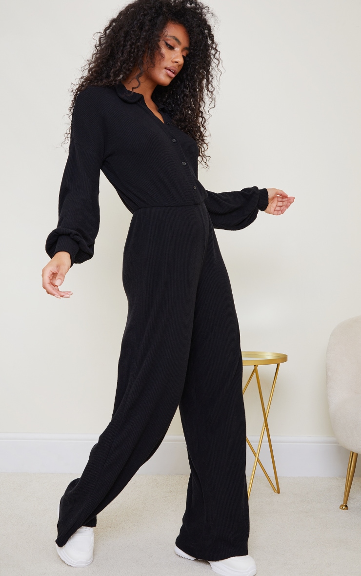 Black Brushed Rib Shirt Style Jumpsuit
