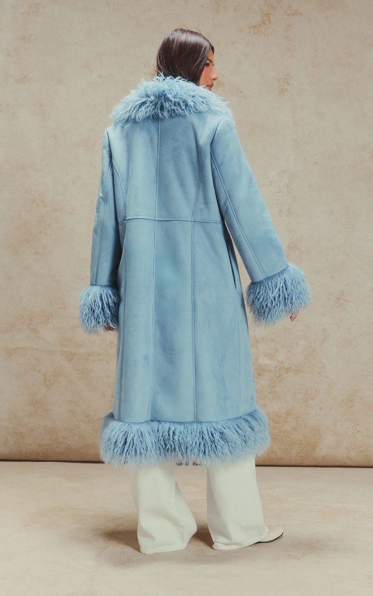 Powder Blue Faux Fur Trim Maxi Coat image 2