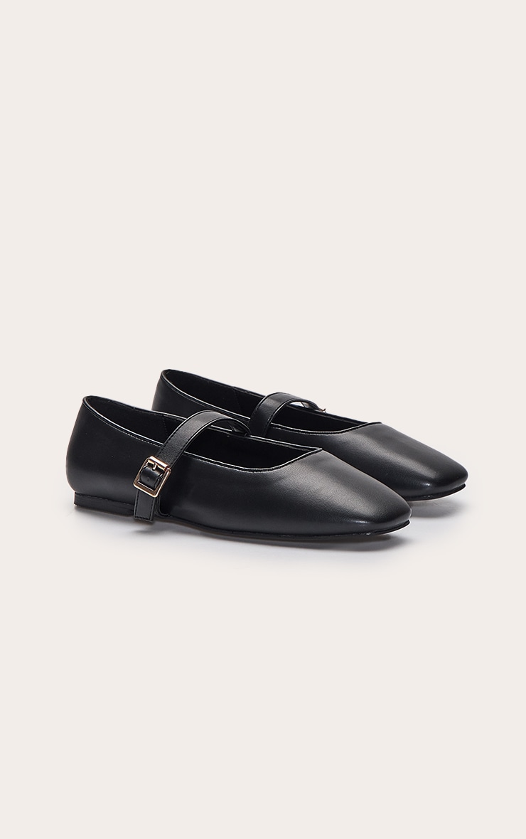 Black Buttery PU Square Toe Buckle Ballet Flats image 3
