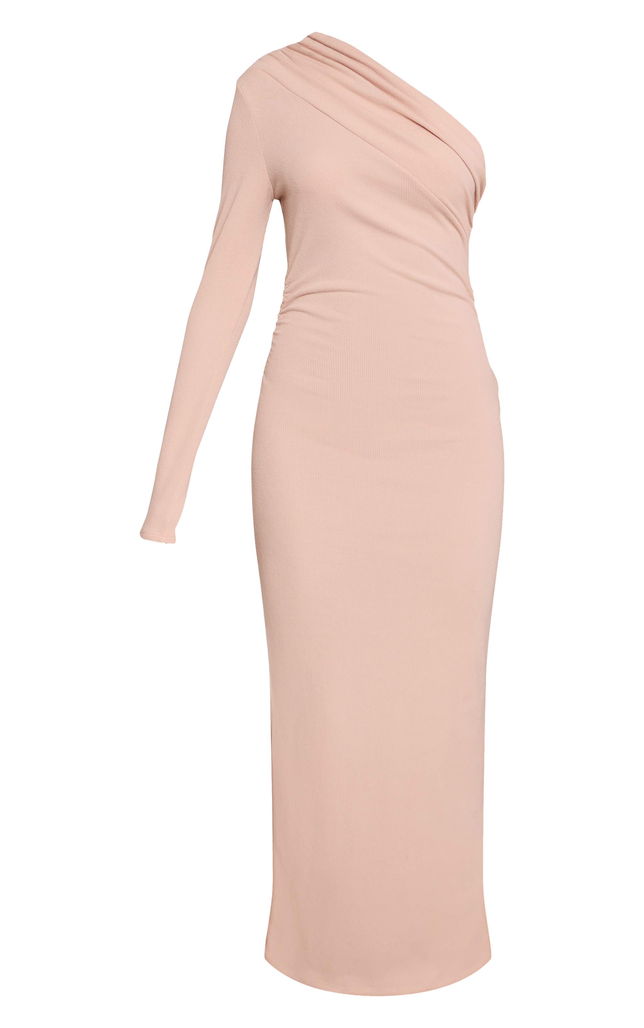 Robe longue asymétrique brossée côtelée gris pierre froncée à épaule unique image 5