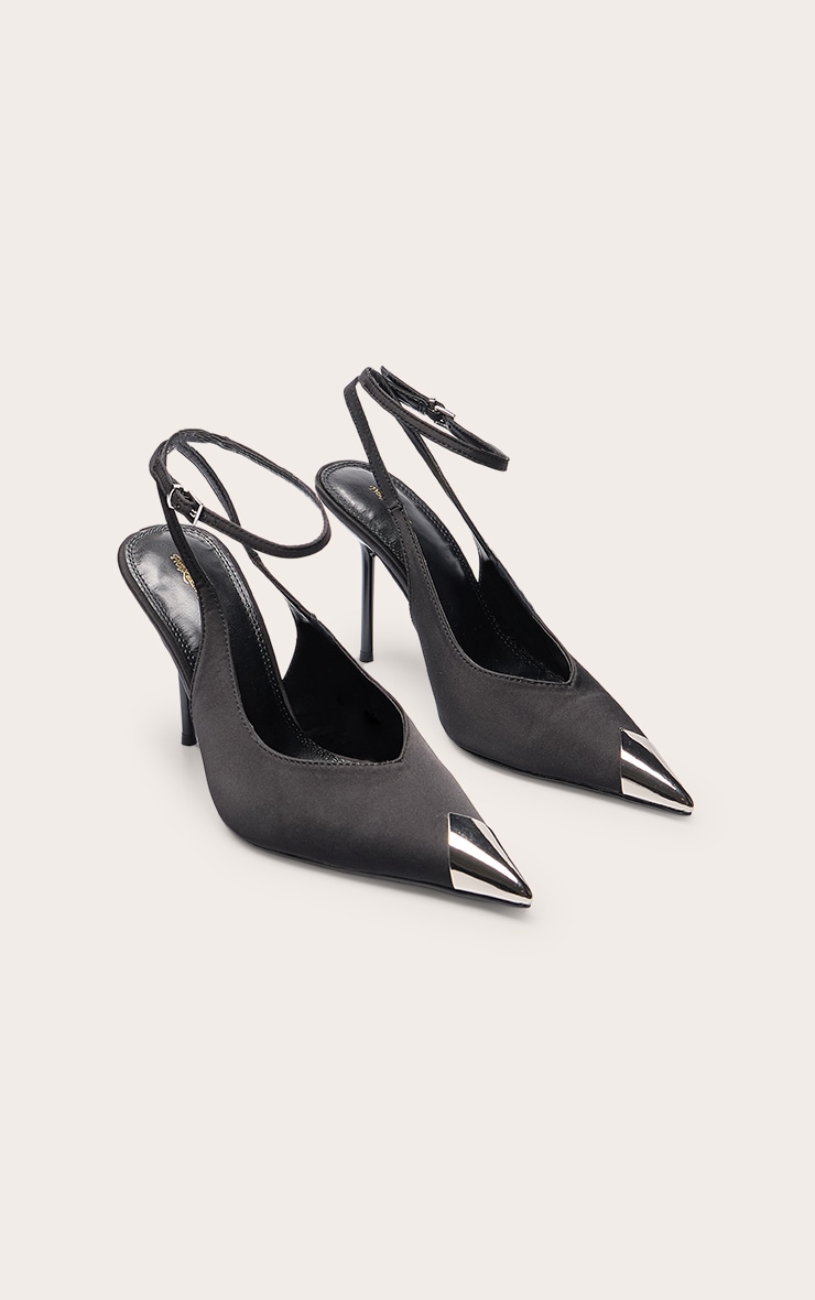 Black Satin Silver Cap Court Heels image 3