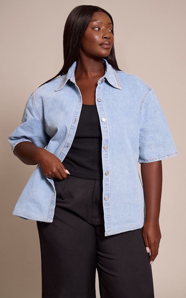 Plus Light Blue Wash Fabric Covered Button Detail Denim Shirt