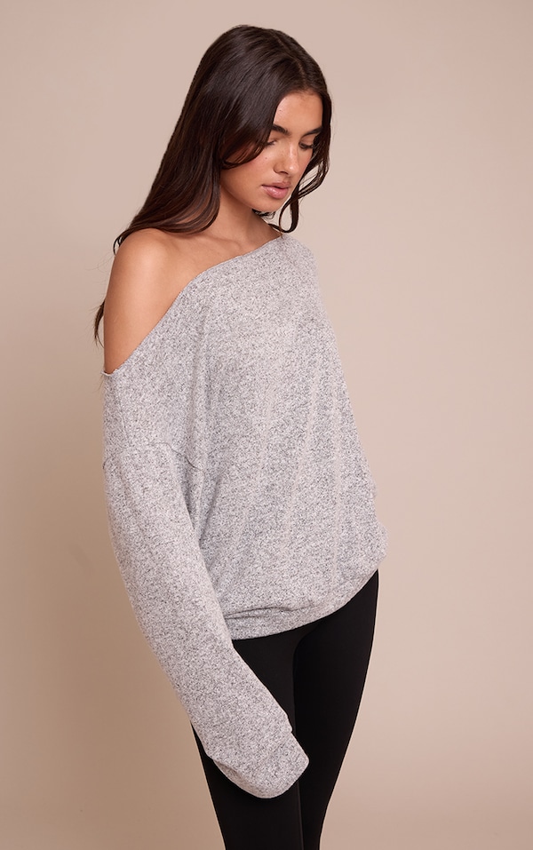 Grey Marl Soft Knit Asymmetric Oversized Slouchy Long Sleeve Top  