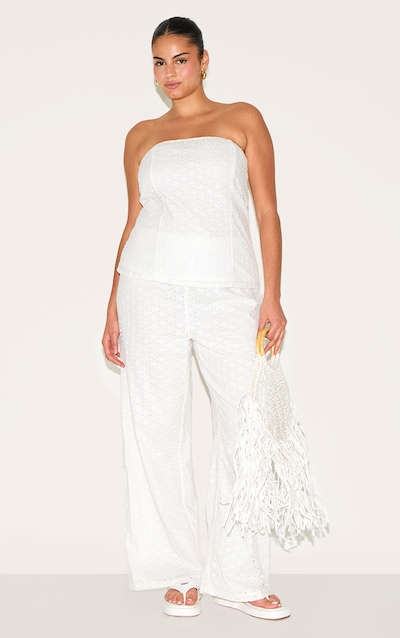 Plus White Embroidered Linen Mid Rise Pants