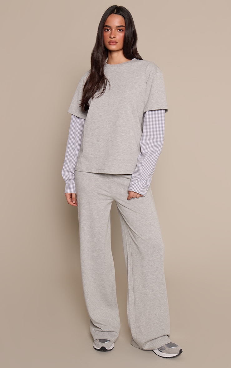 Grey Cotton Checked Waistband Detail Jersey Wide Leg Pant
