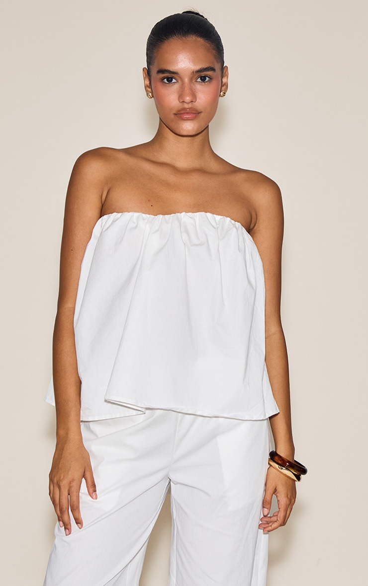 Cream Cotton Woven Ruched Floaty Bandeau Top image 4