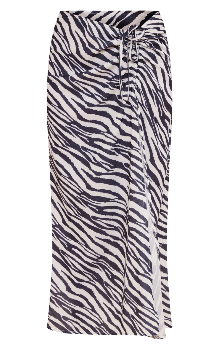 Zebra Woven Printed Ruched Tie Detail Split Leg Midaxi Skirt image 5