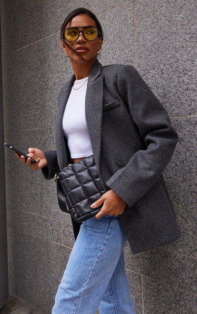 Grey Wool Look Double Breasted Blazer