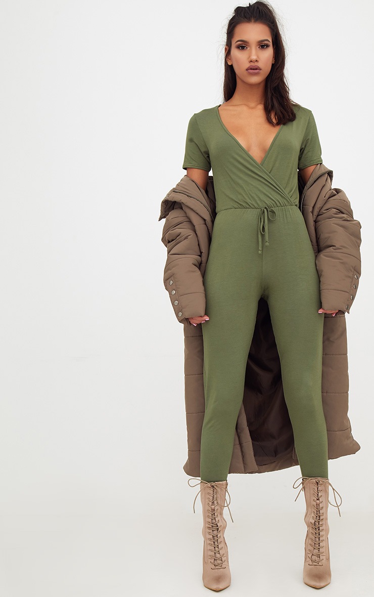 Khaki Jersey Wrap Jumpsuit PrettyLittleThing