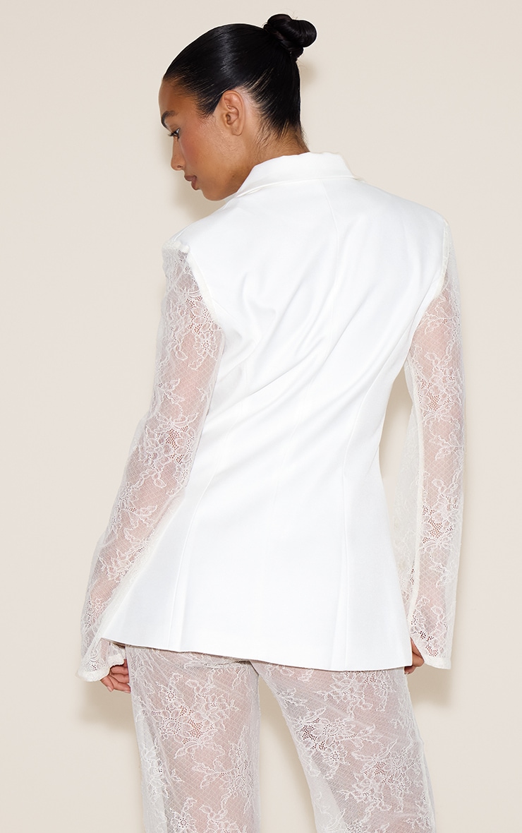 White Woven Sheer Lace Panel Blazer image 2