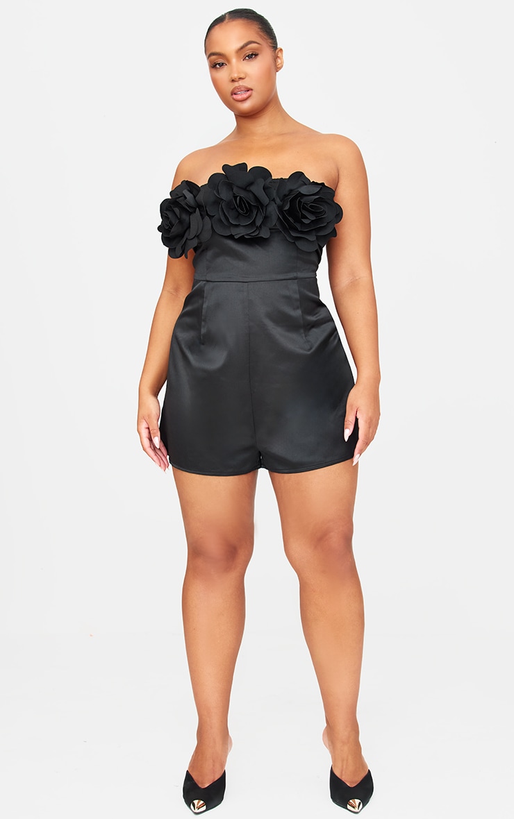 Black Satin Floral Corsage Detail Bandeau Romper image 4