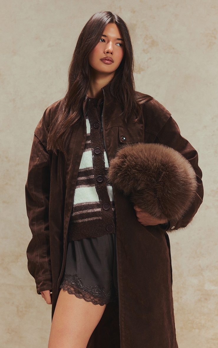 Dark Chocolate Suede Belted Drop Waist Trench image 3