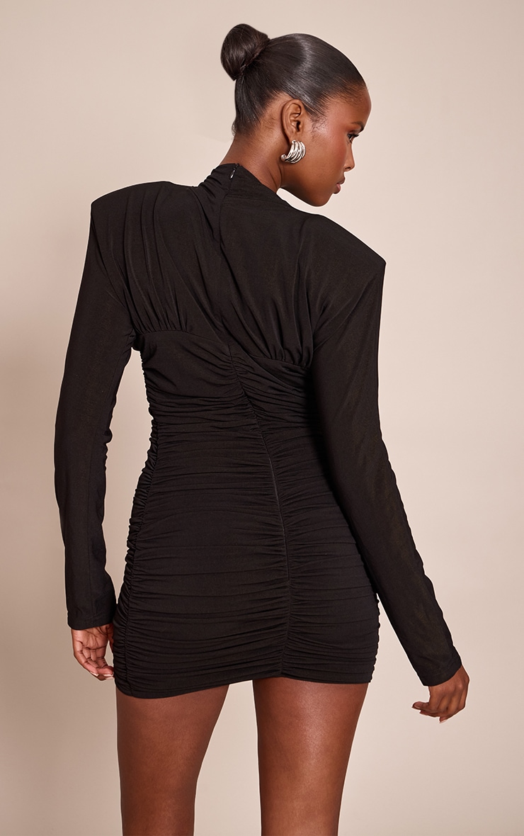 Black Ruched Long Sleeve Bodycon Dress image 2