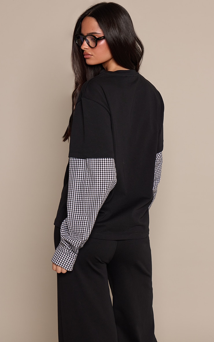 Black Cotton Checked Shirt Sleeve Detail Oversized T-Shirt  image 2