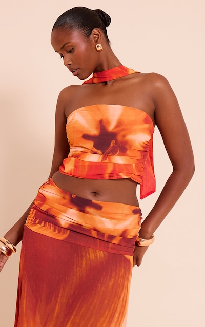 Orange Floral Printed Chiffon Scarf Detail Ruched Bandeau Top