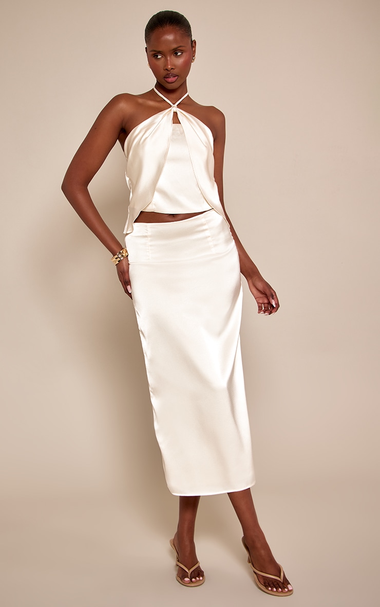 Champagne Satin Ruched Detail Midaxi Skirt