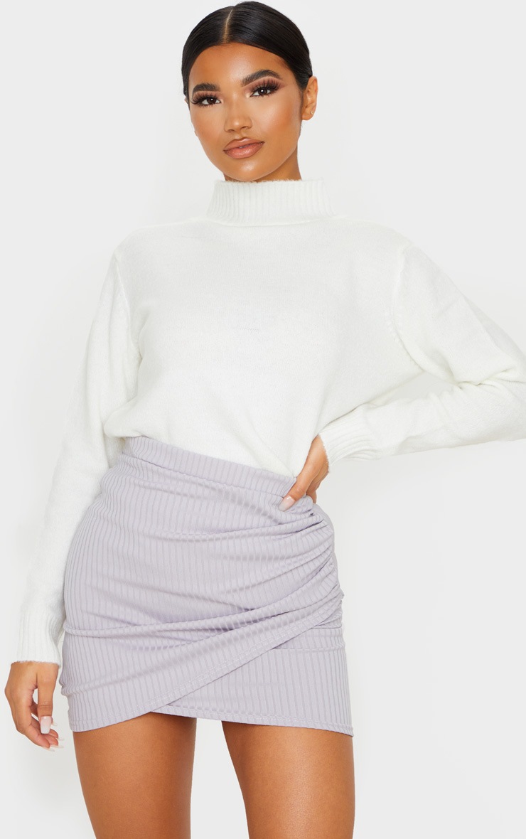 Grey Ribbed Ruched Wrap Mini Skirt