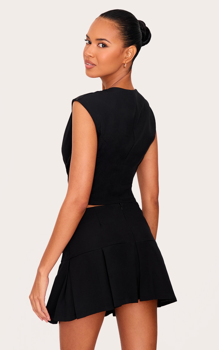 Black Tailored Woven Plunge Cap Sleeve Cinched Waist Long Top image 2