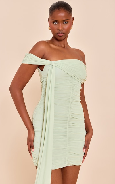 Mini robe en mesh doublé citron vert pâle à col bardot