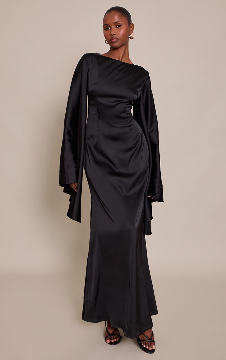 Black Satin Flared Sleeve Maxi Dress