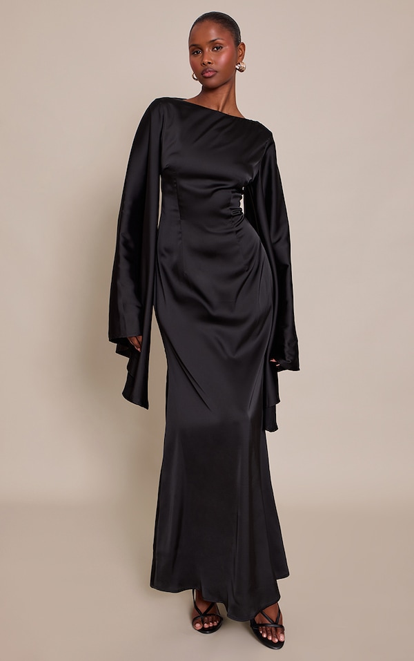 Black Satin Flared Sleeve Maxi Dress