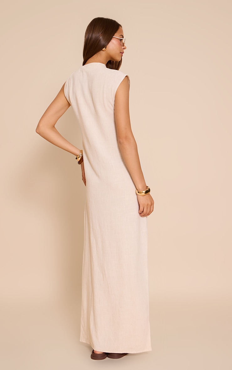 Natural Linen Look Sleeveless Drape Neck Detail Maxi Dress image 2