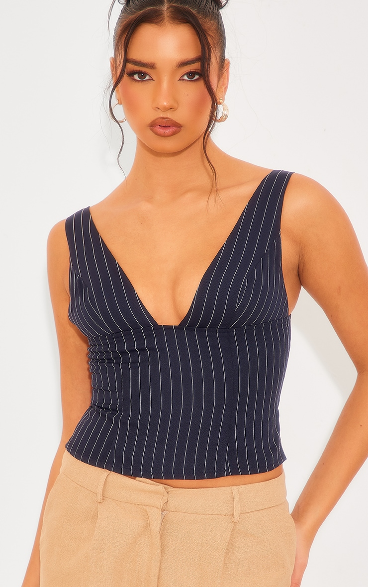 Navy Pinstripe Plunge Neck Top image 4