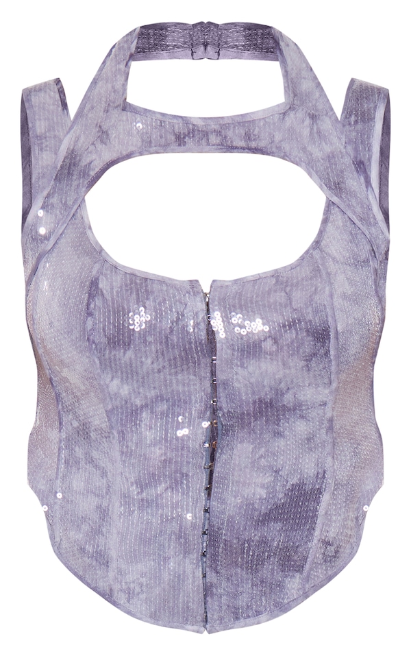 Plus Charcoal Sequin Cut Out Neckline Detail Corset