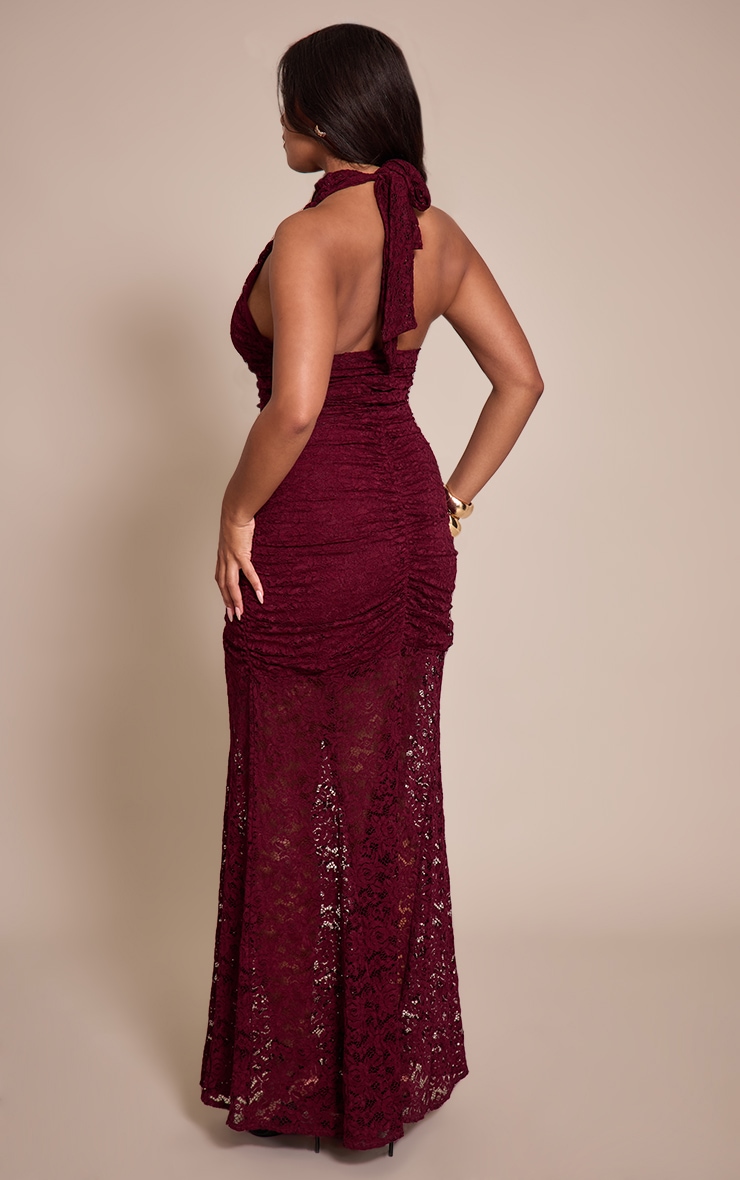 Shape Robe longue en dentelle prune froncée à col montant et ourlet tombant image 2