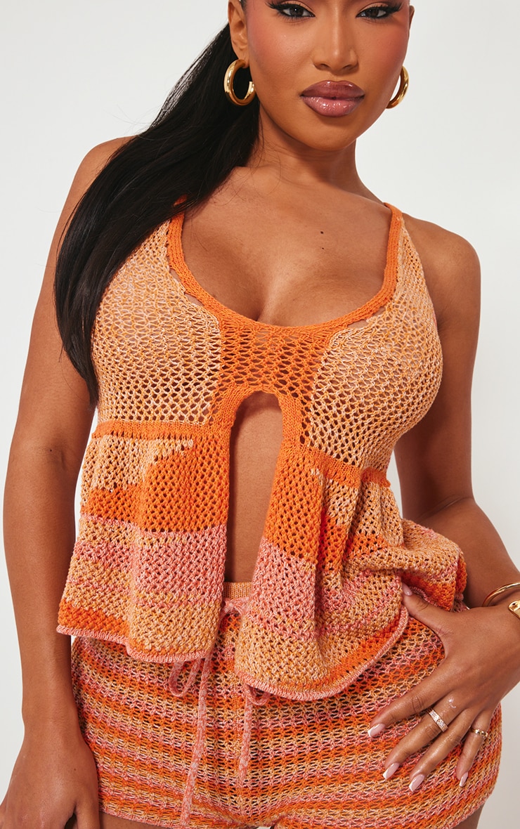 Shape Top dos nu en maille tricot orange vif à rayures et détail noué devant image 4