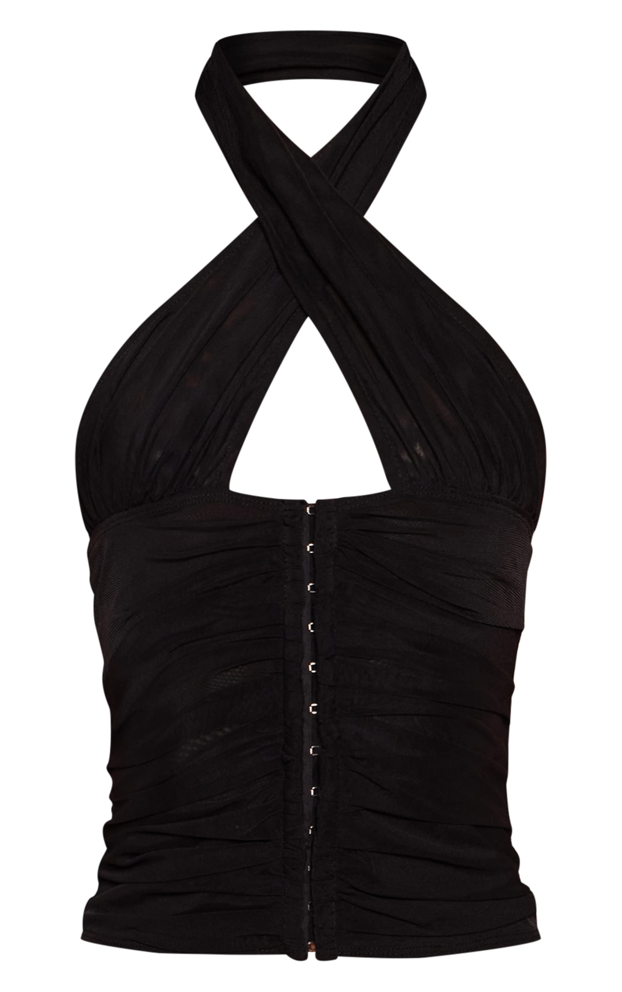 Black Mesh Cross Halter Neck Ruched Top image 5