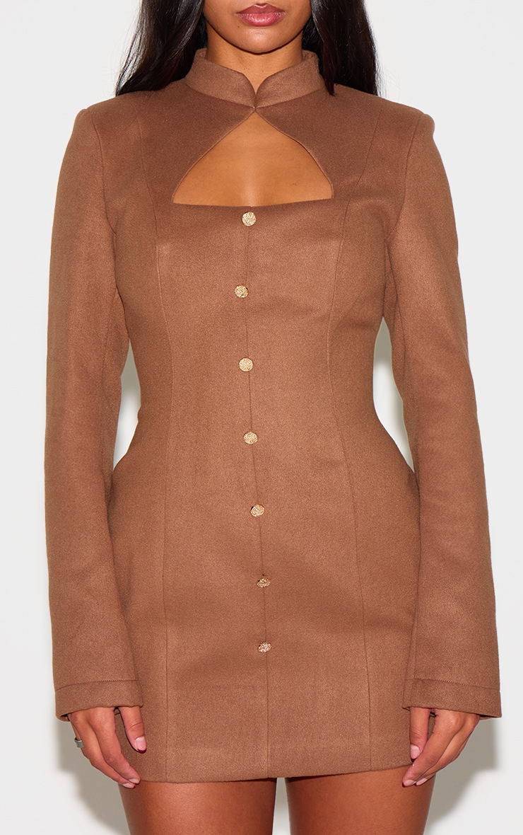 Deep Taupe Brushed Woven Long Sleeve Button Detail Mini Dress image 4