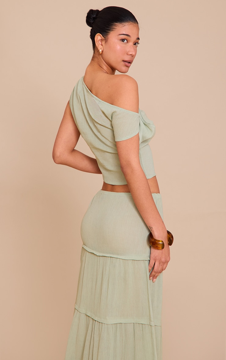 Sage Green Cheesecloth Off The Shoulder Asymmetric Top image 2