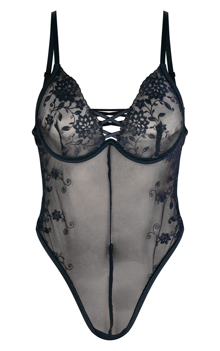 Body de lingerie en dentelle fleurie noire brodée à lacets et armatures image 5